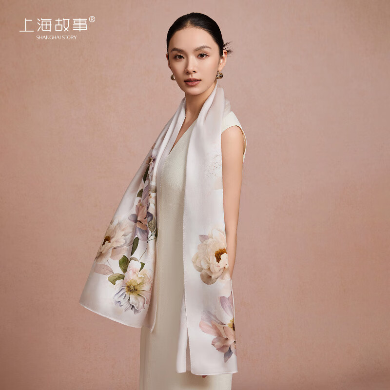 上海故事真丝丝巾女100%桑蚕丝丝巾大披肩空调巾送妈妈送女友礼物 绮彩叠芳-杏仁粉 170*50cm