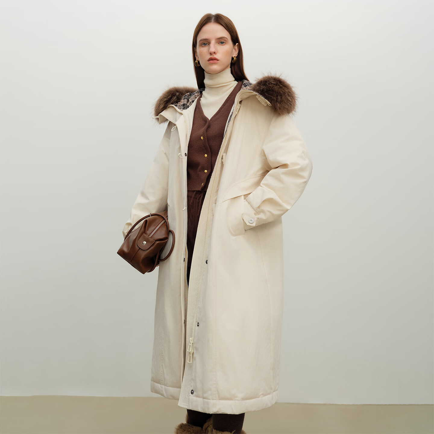 自巧巧绒lightwarm 小个子复古连帽长款毛领派克羽绒服女2025新款 巧米色 XXS （尺码：1）