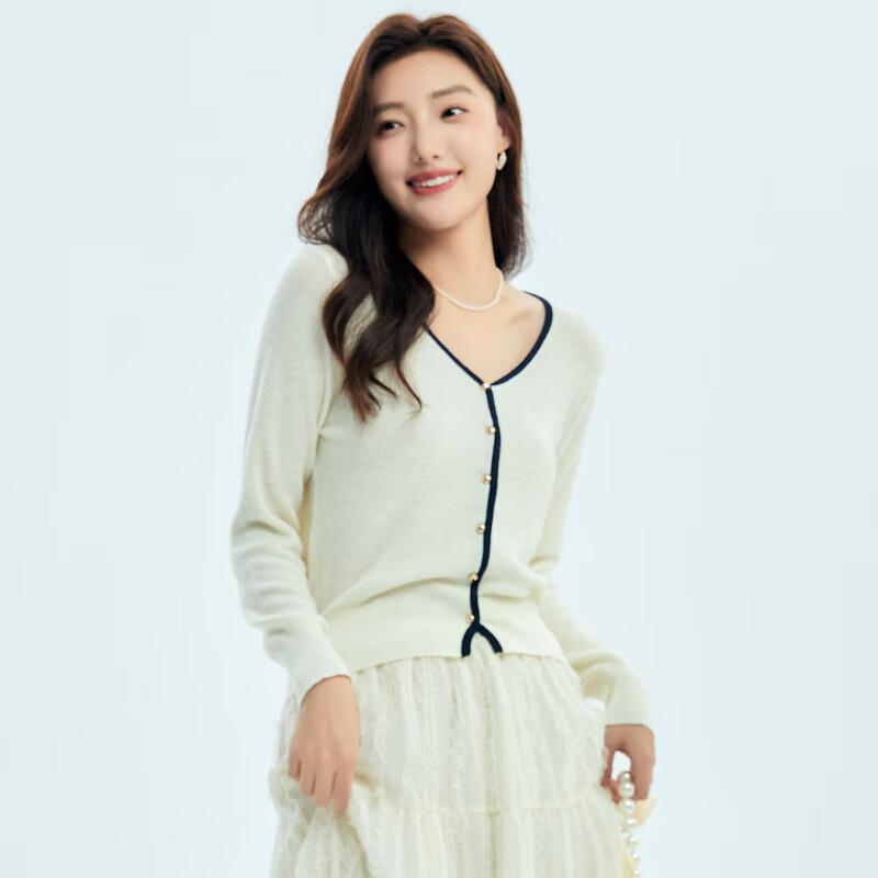 HIGH DAY针织开衫女2025秋季新款撞色长袖外套短款修身显瘦毛衣打底衫上衣 ZZ03CE46090米白 M (160)