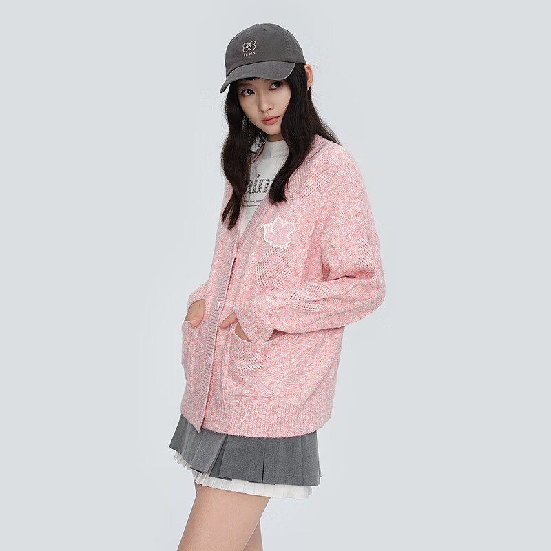 乐町复古绞花宽松针织开衫粉色V领精致蜜蜂开衫外套 粉色(现货) M