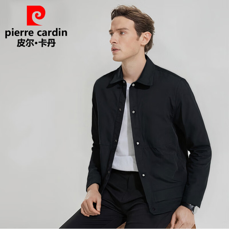 皮尔卡丹中老年爸爸装休闲商务夹克男舒适百搭翻领外套男秋季男装父亲礼物 黑色 XL (建议130-150斤)