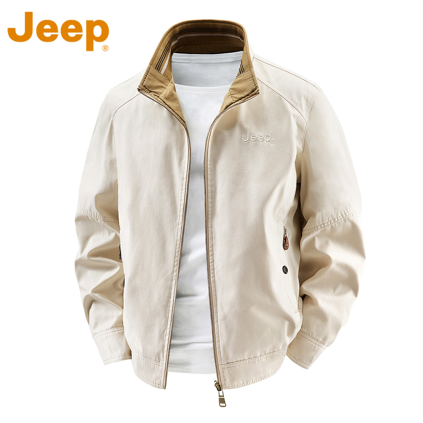 吉普（JEEP）美国正品高端美式立领夹克男士春秋中年行政商务宽松外套上衣秋冬 米白色-双面穿 常规 【商场同款】 XL 推荐 140-155斤