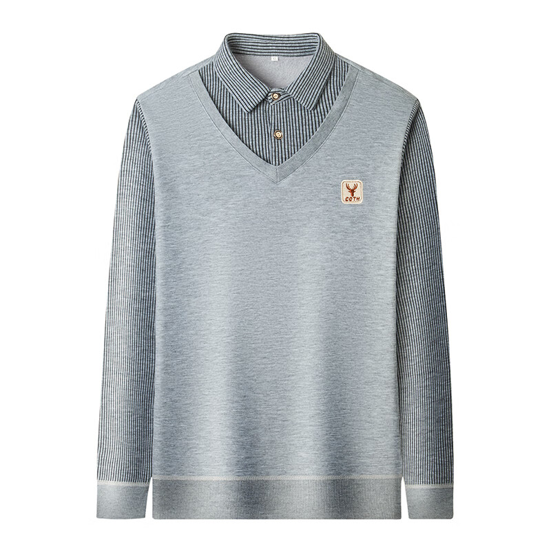 布卡澜琦男士秋冬假两件t恤商务休闲针织衫长袖加绒保暖T恤高级感条纹上衣 6712加绒卡其 L (建议110-130斤)