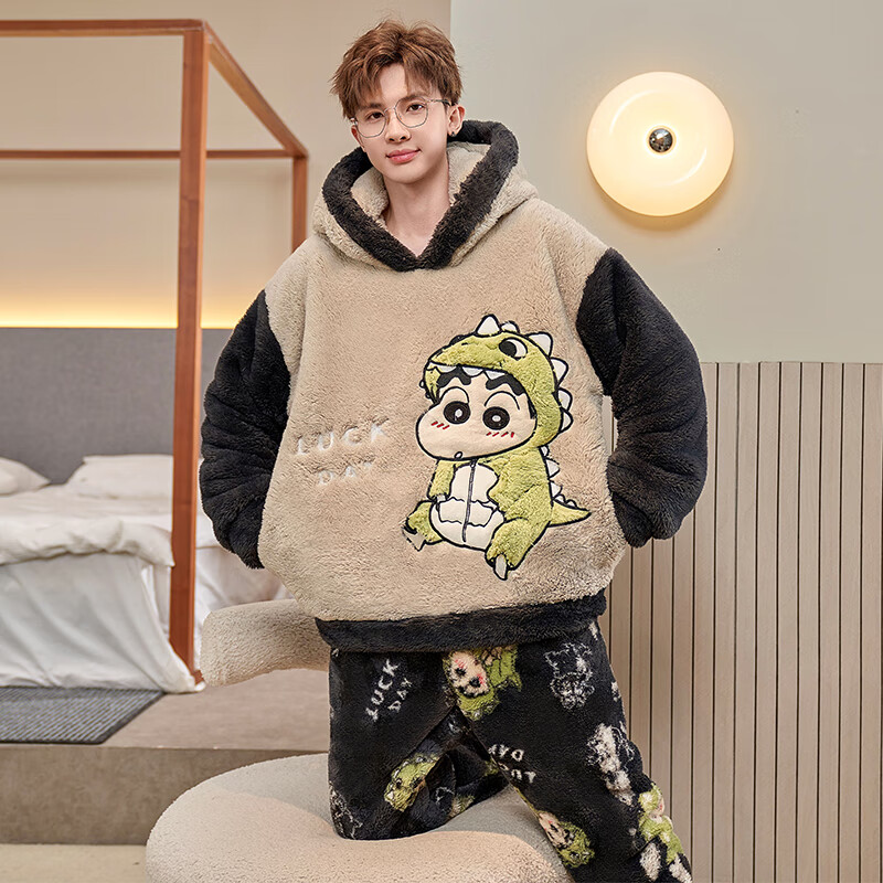 萧淑妃冬季加厚保暖卡通连帽法兰绒男士睡衣大码学生珊瑚绒家居服套装 恐龙蜡笔小新 2XL