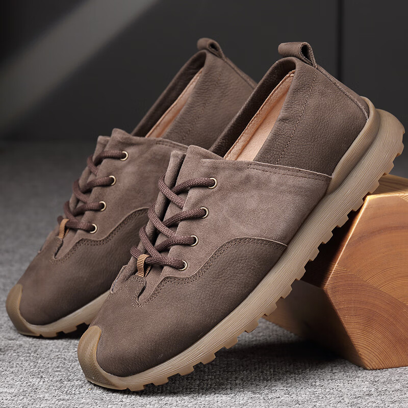 渡诺班尼头层夏季透气单层磨砂皮复古牛筋软底羊皮男士休闲鞋 深灰色_932-10深灰 40