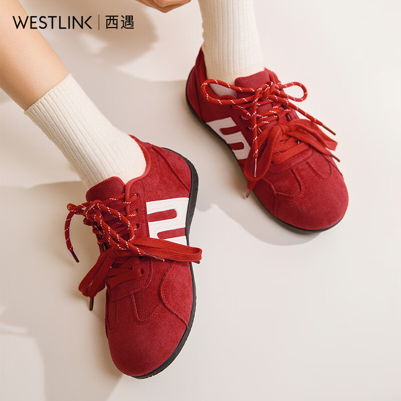 西遇（Westlink）软底德训鞋女2025新款秋季超火双鞋带豹纹休闲红色平底运动鞋 红色 (预售15天） 38 (240)