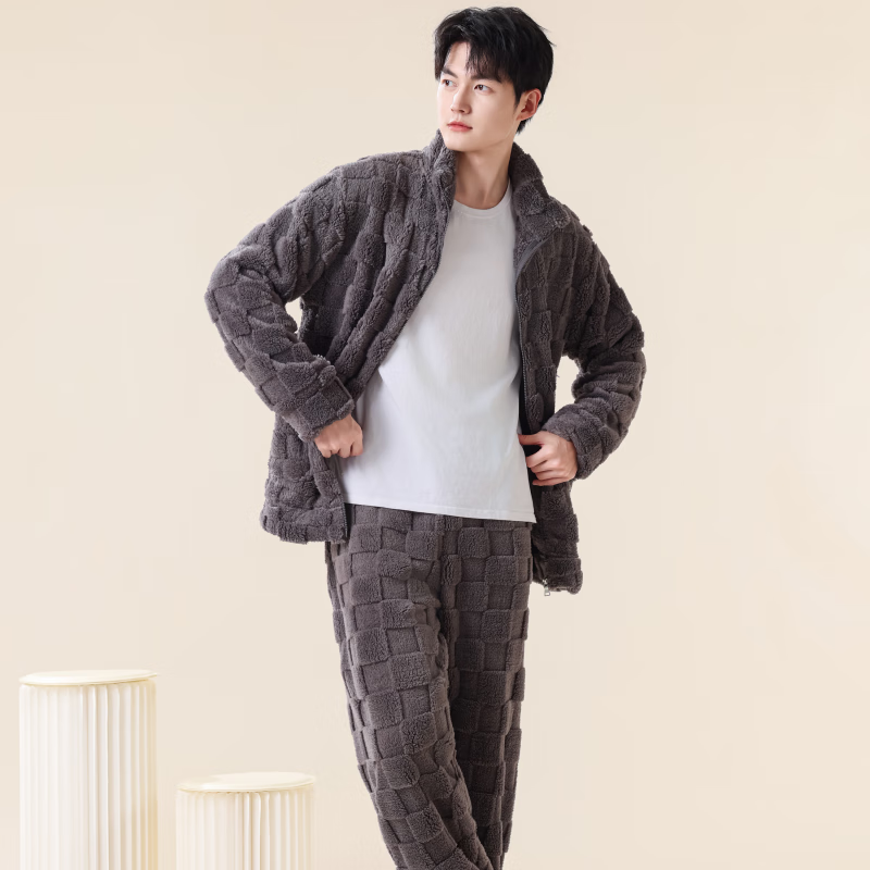 雪中飞睡衣冬季男2025年新款拉链加绒加厚珊瑚绒可外穿大码家居服套装 NSCJF-深灰方格拉链 L 【建议110-130斤】