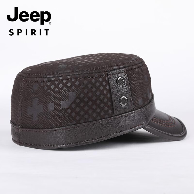 吉普（JEEP）美式高端中老年秋冬季真皮帽子男羊皮印花全封口平顶帽休闲鸭舌帽 黑色【无护耳】 L【适合55-56cm】
