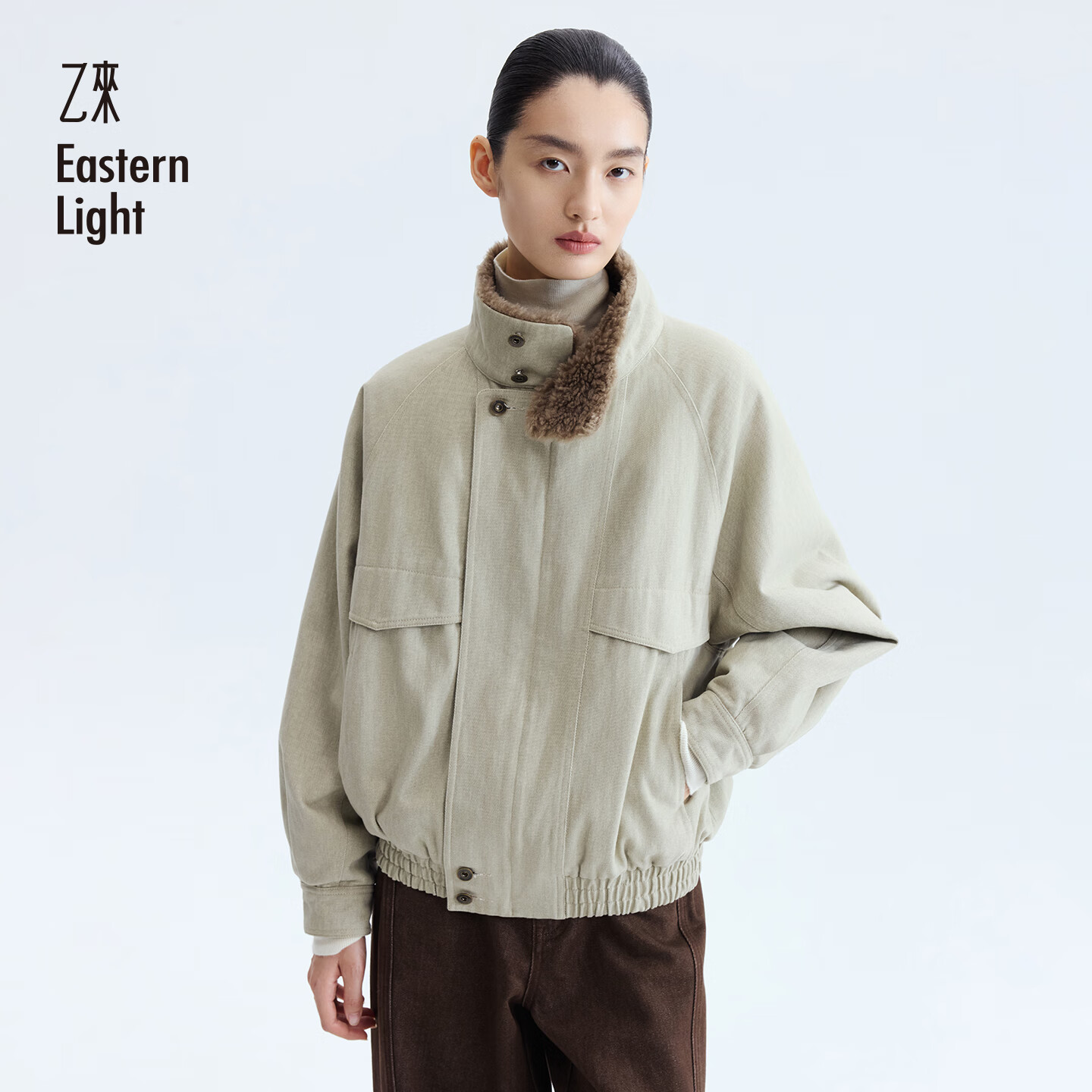 乙来（EASTERN LIGHT）复古绒里工装洗水夹克外套女装冬季长袖上衣秋装加厚新款棉衣服 桔梗绿 M