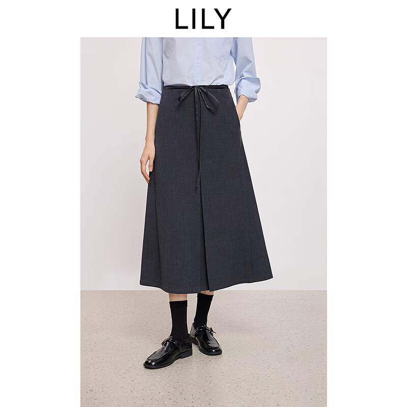 LILY2025冬新款格雷系复古高腰打褶显瘦气质通勤深色A字半身裙女 509深灰 M