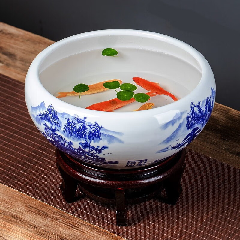 盆大号 陶瓷鱼缸流水摆件景德镇陶瓷鱼 青花山水(裸缸) 32x32x14cm