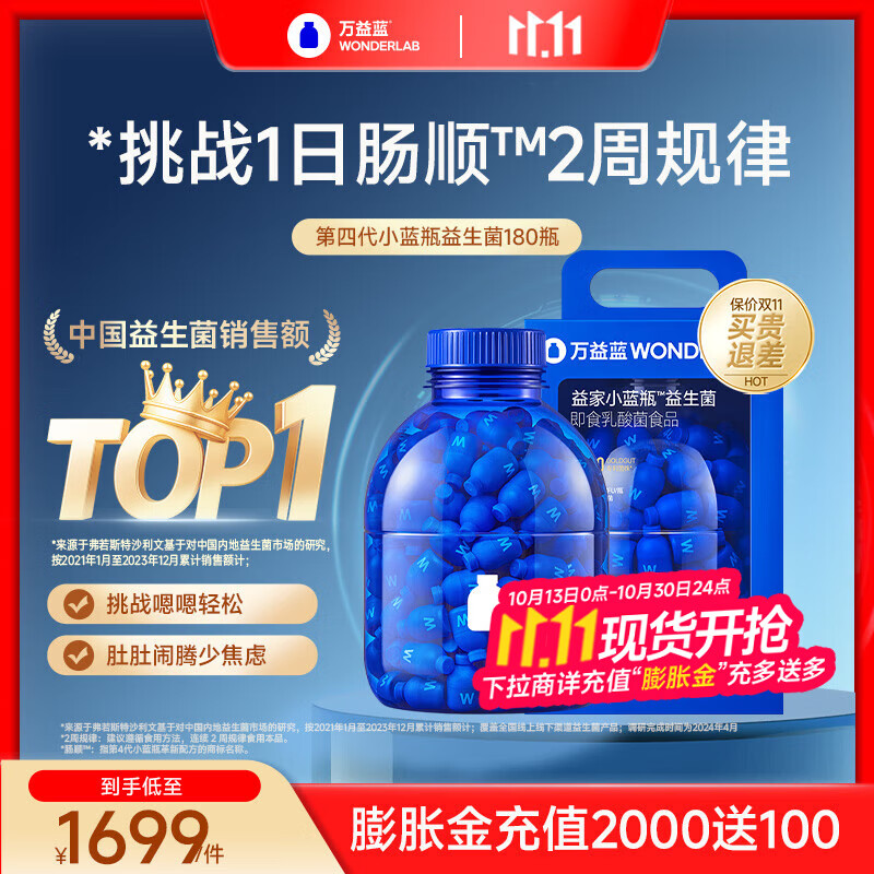 万益蓝（WONDERLAB）小蓝瓶400亿益生菌4.0升级版 孕妇双歧杆菌理成人孕期活性菌 【全家安心少腹担】4.0小蓝瓶全家桶180瓶