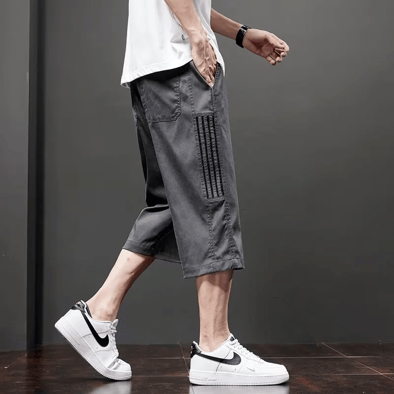 锐图森秋季冰丝休闲短裤时尚宽松透气七分薄款中裤美式条纹宽松直筒短裤 卡其 M （建议80-95斤）