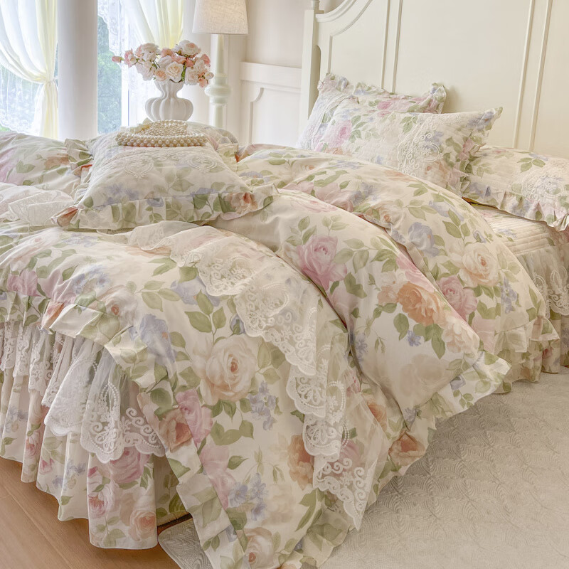诸禄小清新田园风全棉床裙四件套纯棉小碎花床罩被套带裙边全包防滑尘 浅夏花开 床单款 2.0x2.2四件套被套220x240