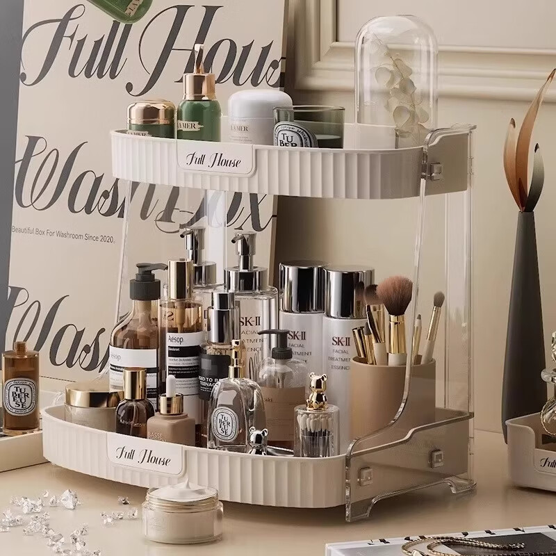 木格格化妆品收纳盒桌面高级感化妆品收纳架桌面置物架多层亚克力化妆盒 奶油色-轻奢双层