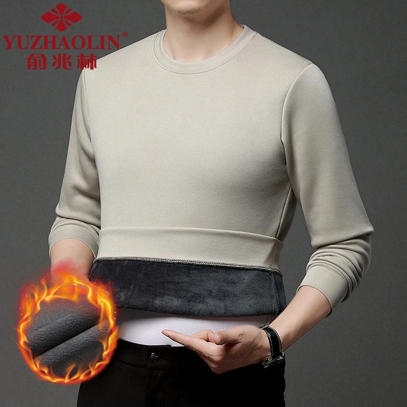 俞兆林（YUZHAOLIN）男士套头卫衣秋冬季加绒加厚保暖打底衫中青年纯色百搭长袖t恤潮 米白 4XL （建议190到210斤穿）