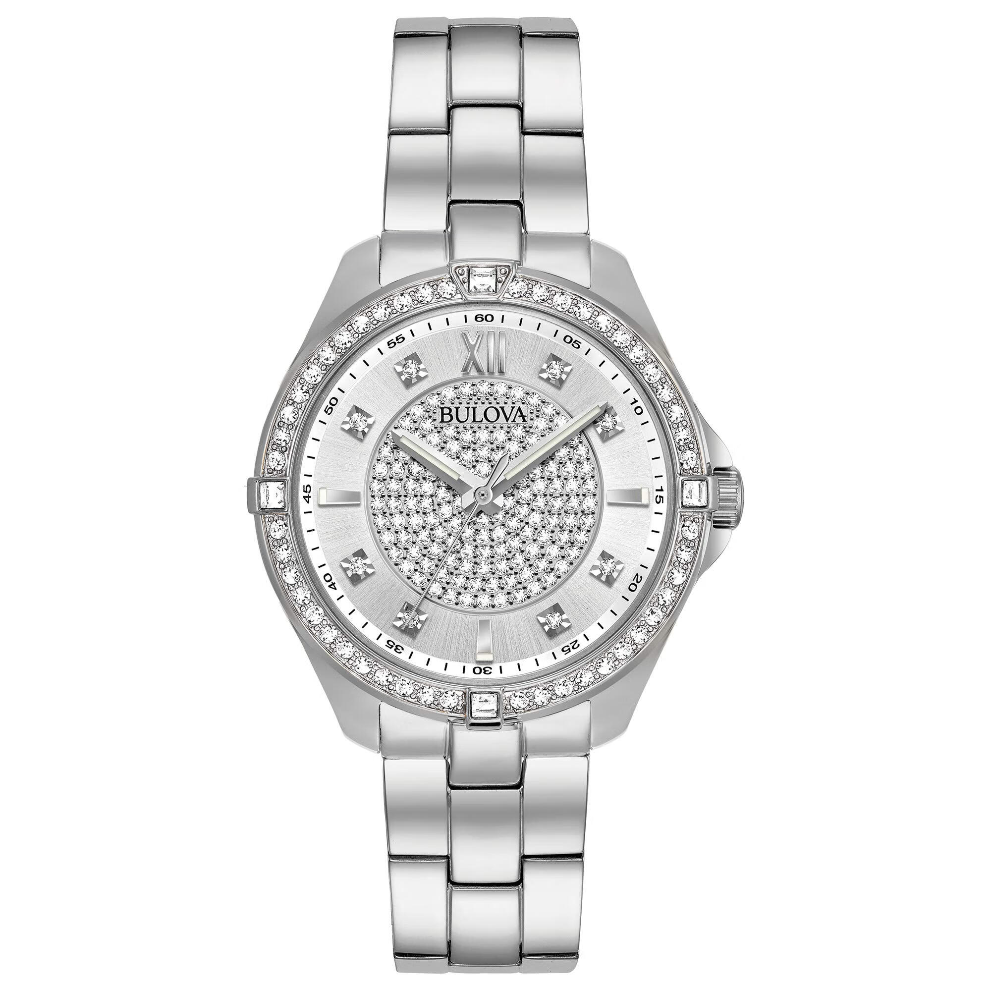 宝路华Bulova 宝路华 女士 Crystal 石英 罗马数字 钢带表 Silver 35.0毫米