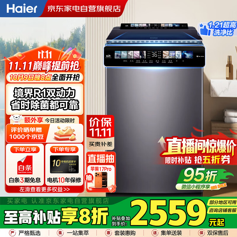 海尔（Haier）国家补贴丨10公斤全自动波轮洗衣机家用直驱一级变频 精华洗+彩屏+紫外除菌+防缠绕 XQS100-BE
