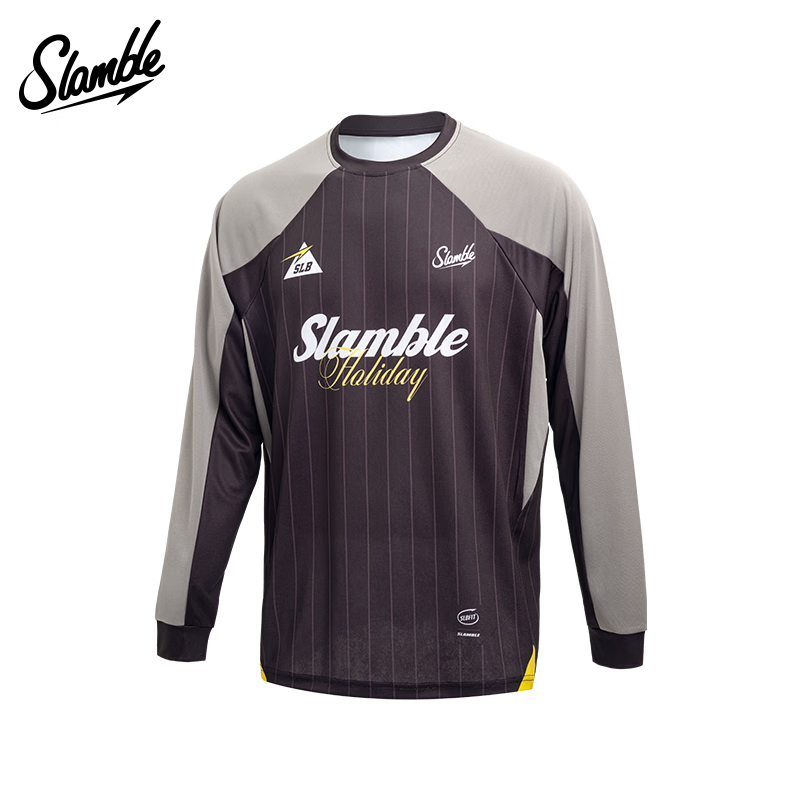 SLAMBLE男生运动长袖T恤撞色拼接插肩袖健身训练美式球衣投篮服 深灰拼黑色 L