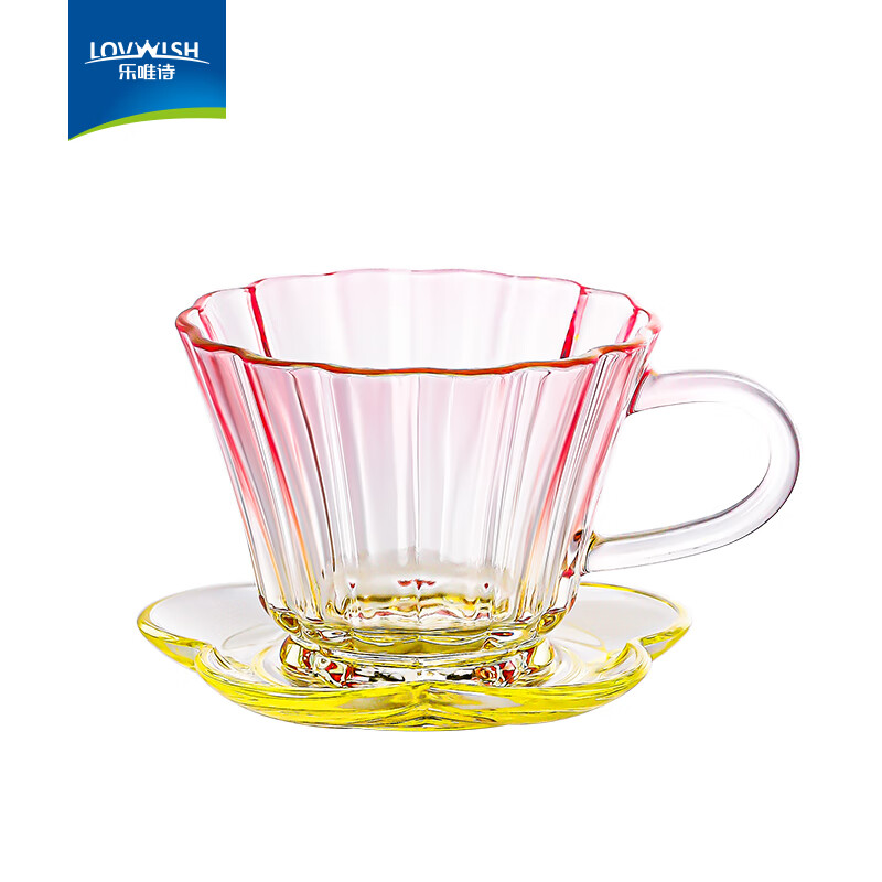 NERVISHI轻奢北欧玻璃咖啡杯碟套装家用带手柄女高颜值高档精致下午茶杯子 花开半朵杯碟2件套【粉色】220ml*1