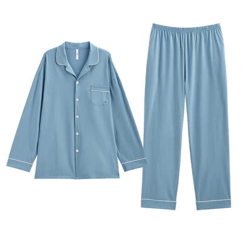 海澜之家男士睡衣男四季通用翻领开衫纯棉100%棉可外穿长袖长裤家居服套装