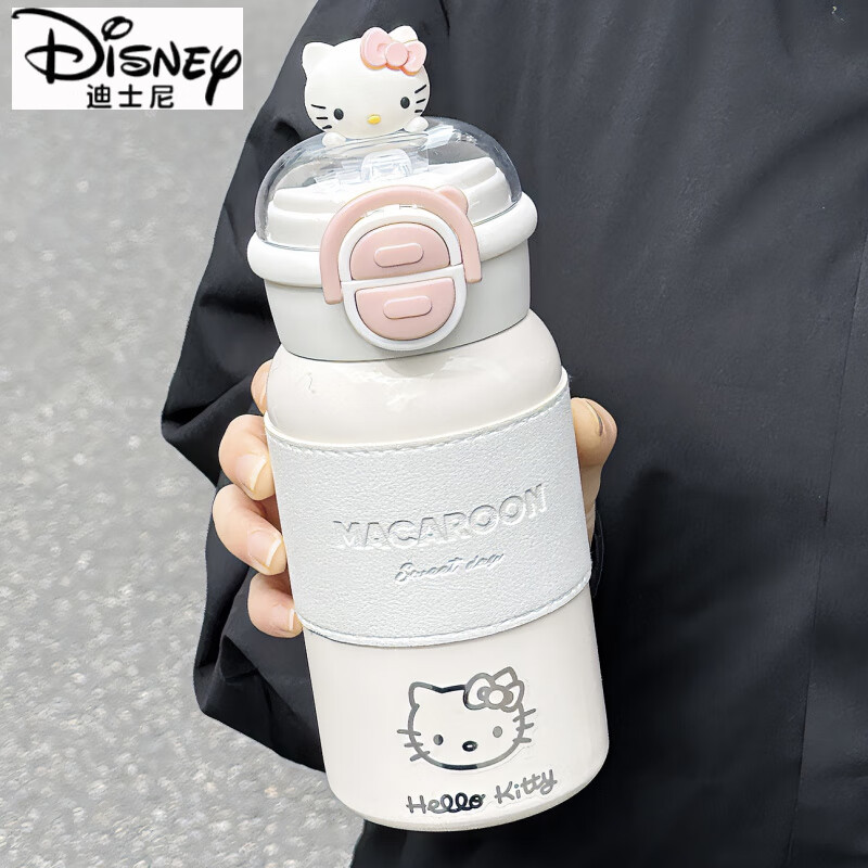 迪士尼（Disney）hellokitty保温杯女生保冷水杯可爱高颜值316学生便携带吸管杯子 绿盖猫咪500ML 提手款