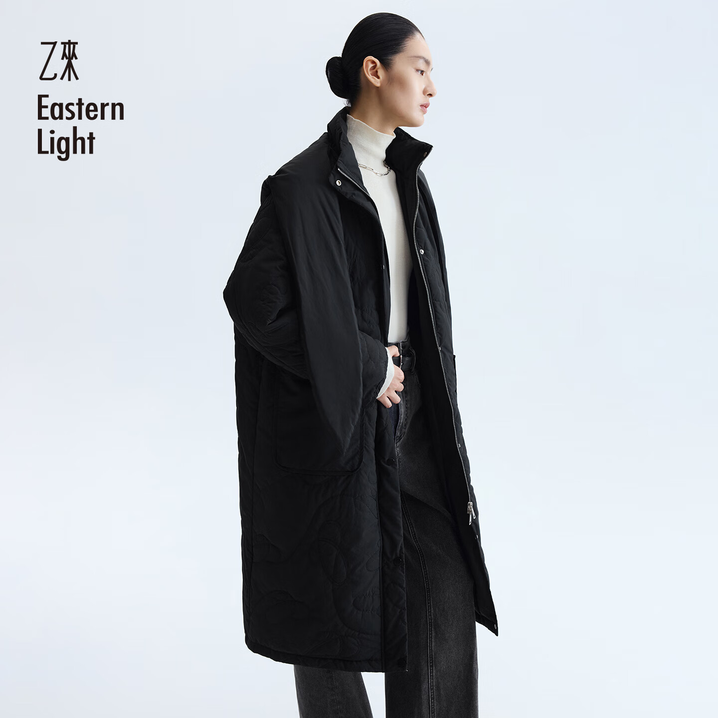 乙来【甄选90%大朵白鸭绒】E标绗缝长款连帽羽绒服女冬季外套衣服加厚 夜空黑 M