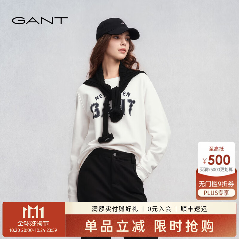 GANT/甘特简约舒适女士上衣简约白色抓绒字母印花套头长袖卫衣 113米白色 L
