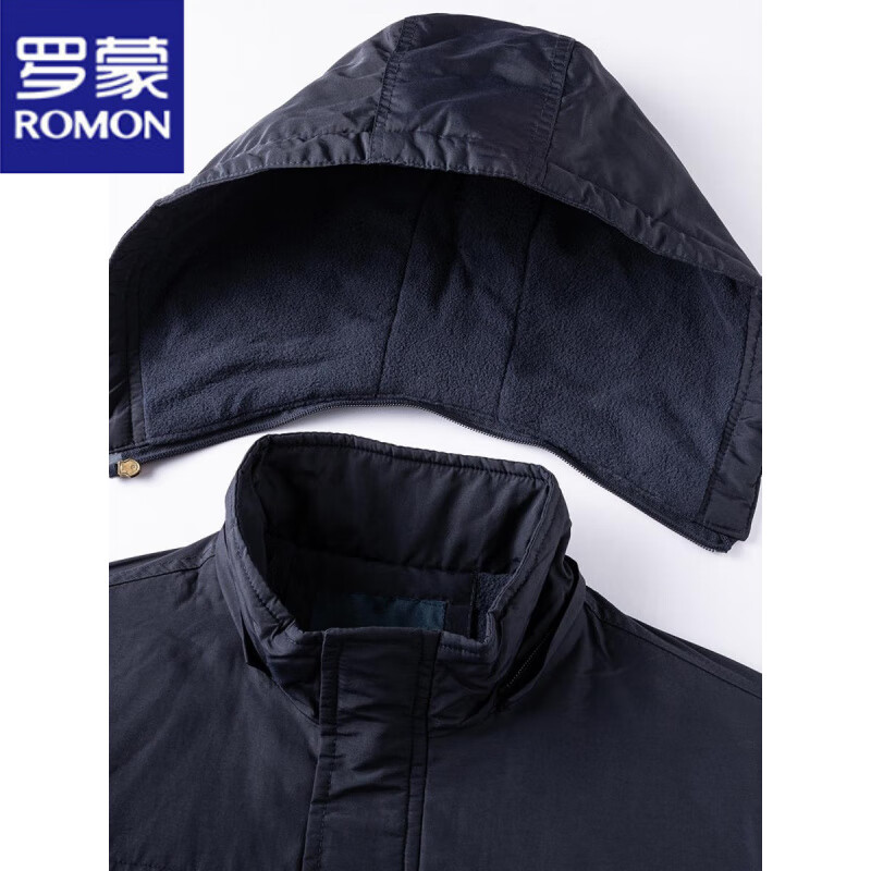 罗蒙（ROMON）秋冬男士可拆可脱卸连帽加绒夹克工装户外冲锋衣风衣防水外套男 深蓝  翻盖口袋款 M 170/88A