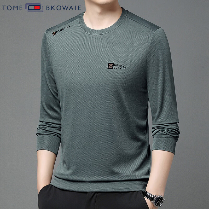 汤米芙兰可双面奥粒绒长袖t恤男2025年新款加绒保暖宽松套头圆领印花卫衣 912豆绿不加绒薄款 M (165)（建议100-120斤）