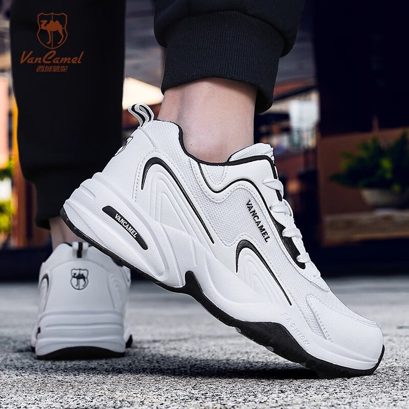 西域骆驼(VANCAMEL)男鞋秋季皮面透气大码运动鞋休闲减震跑步鞋防臭旅游鞋男加绒保暖 【官方正品 质量保证】黑色网面款 47