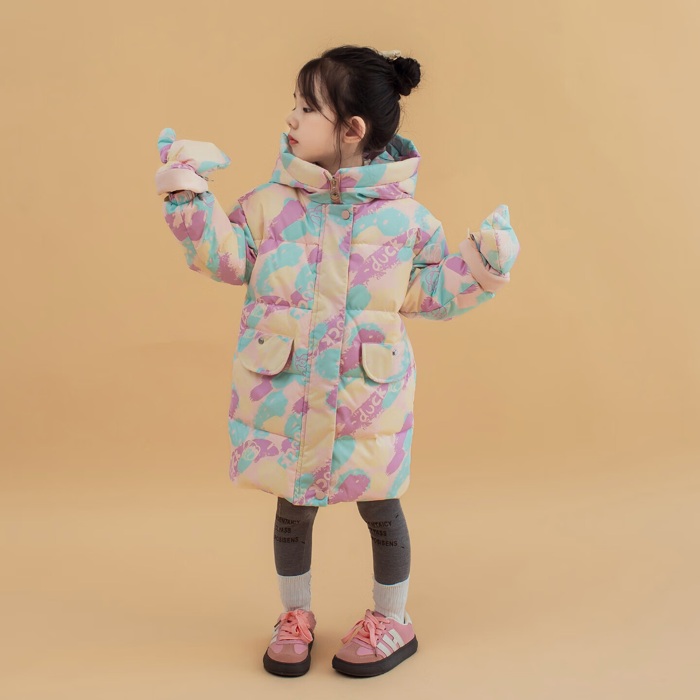 G.DUCK HELLO女童羽绒服中长款保暖外套冬季儿童加厚连帽冬装中小童印花童装 紫色 120 （建议身高110-120cm）