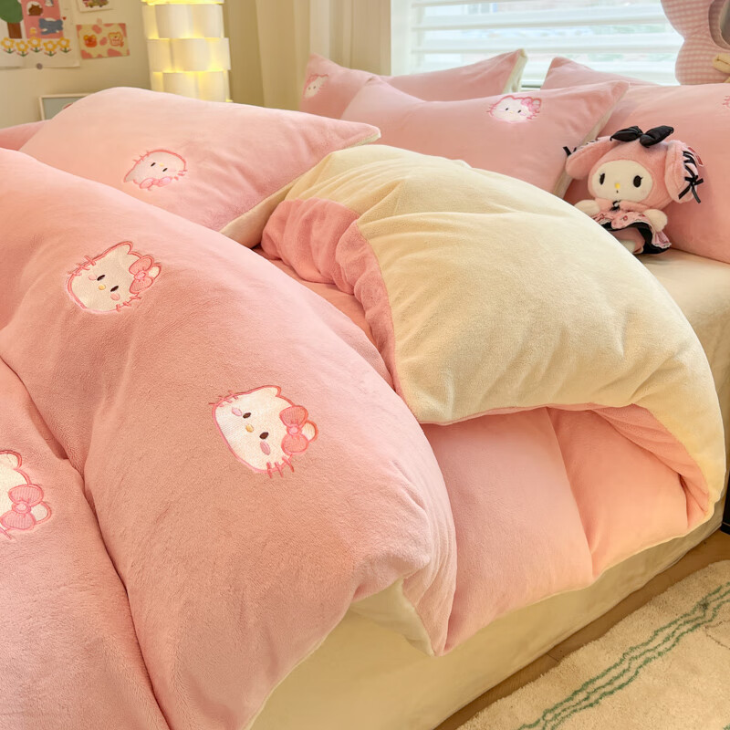 猫人（MiiOW）卡通刺绣牛奶绒床上四件套秋冬加厚加绒珊瑚绒家用床单被套罩床品 甜心猫-粉米【加厚牛奶绒】 1.8m 床单款 四件套-200x230cm被套