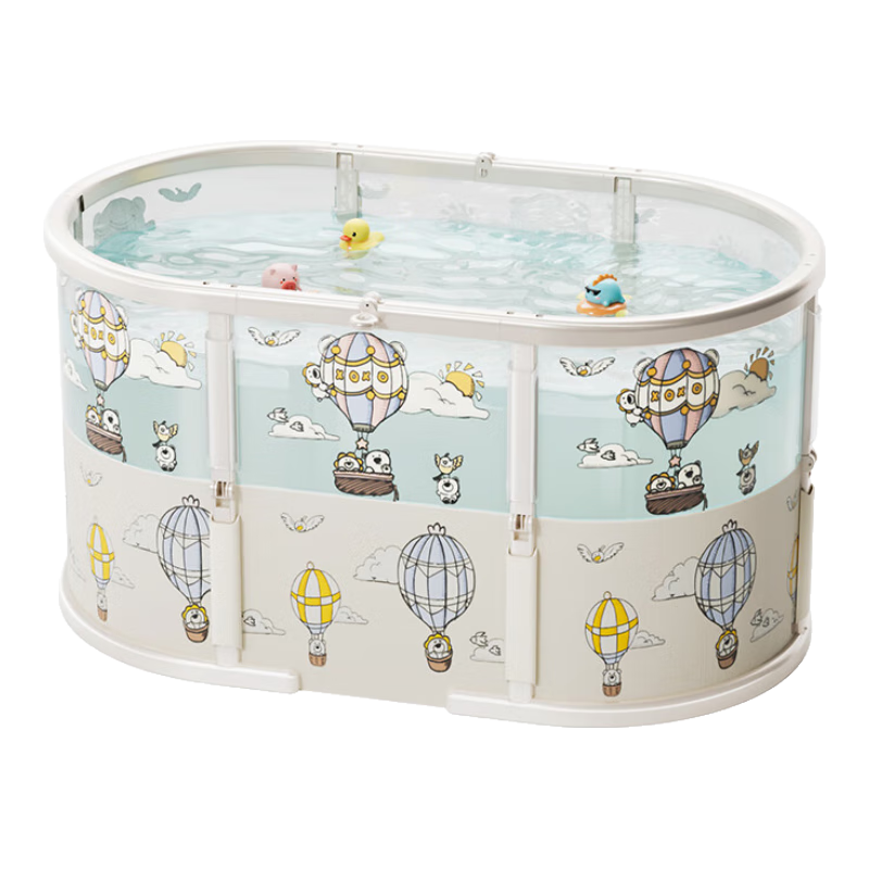 YEESOOM可折叠泡澡桶浴桶 婴儿洗澡盆儿童浴盆洗澡 新生儿游泳桶8层加厚 热气球泳池【超大号100cm】+送浴凳+排水管+洗澡玩具