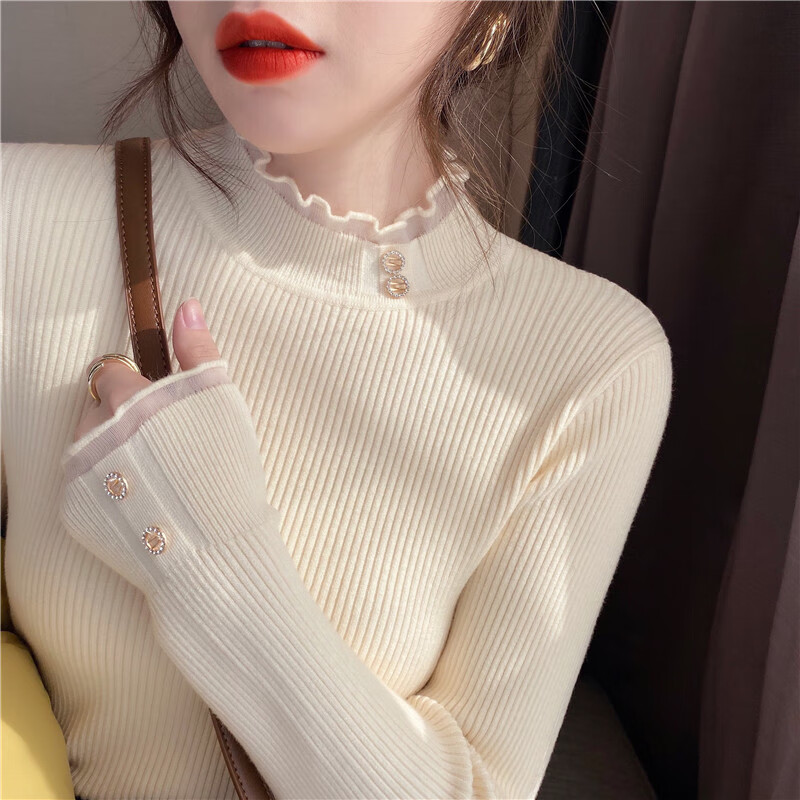 俞兆林半高领针织衫女春秋2025新款可外穿修身显瘦内搭蕾丝边打底衫上衣 粉色 【抗起球针织衫面料】 均码 【建议80-140斤】