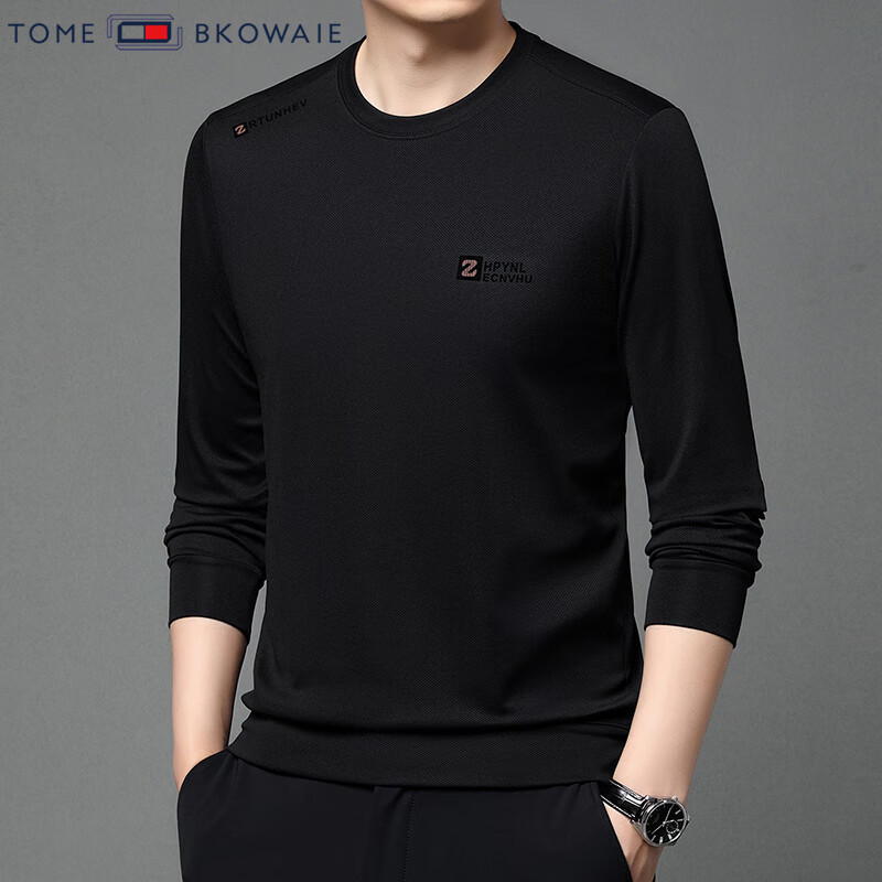 汤米芙兰可双面奥粒绒长袖t恤男2025年新款加绒保暖宽松套头圆领印花卫衣 912黑色不加绒薄款 L (170)（建议120-140斤）