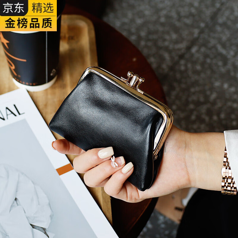 ZNY日本进口名牌真皮零钱包女士夹扣头层牛皮油蜡皮钱夹便携可爱硬币 黑色