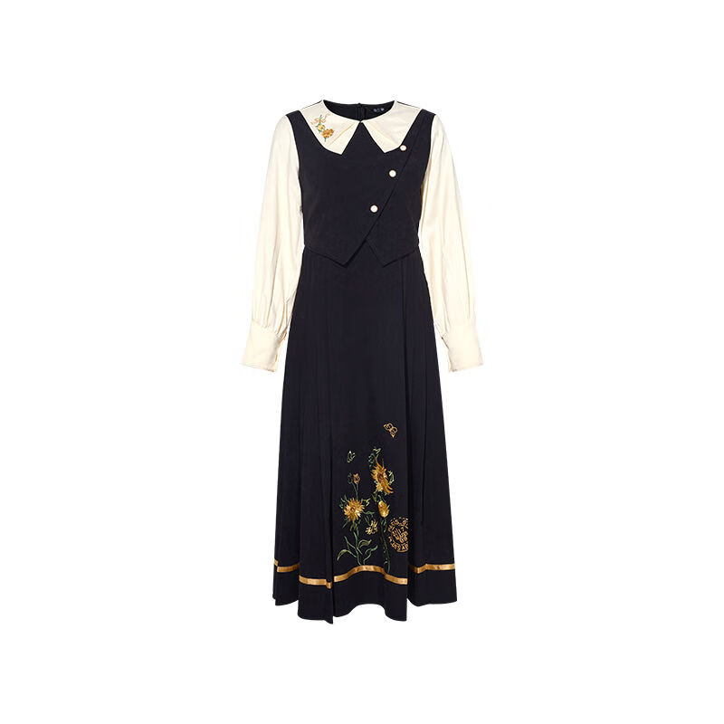 兩三事小紅書推薦梵高不規(guī)則襯衫洋裝女早秋減齡裙子知識分子裙女 黑色 S