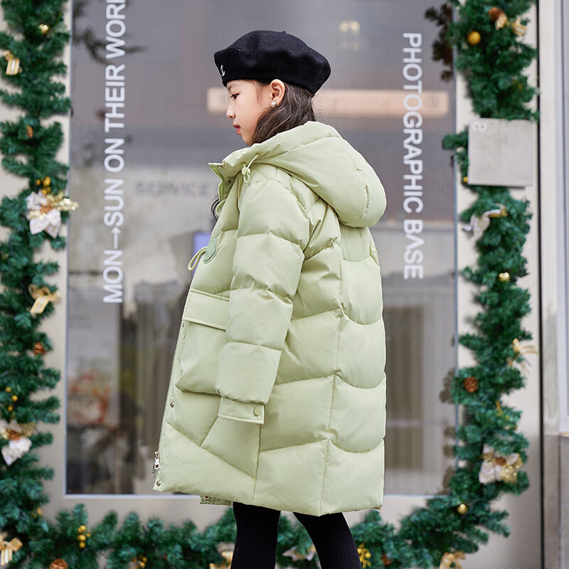 ABC KAIA女童羽绒服中长款2025新款高档洋气中大童冬装防寒加厚小女孩外套 绿色 160