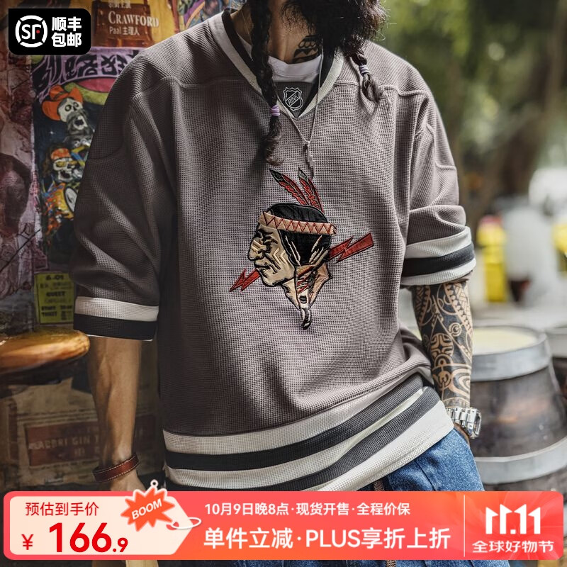 马登工装印第安刺绣长袖T恤男美式复古华夫格v领针织衫男士卫衣秋季 棕灰色 【宽松男t恤/2025新款】 L