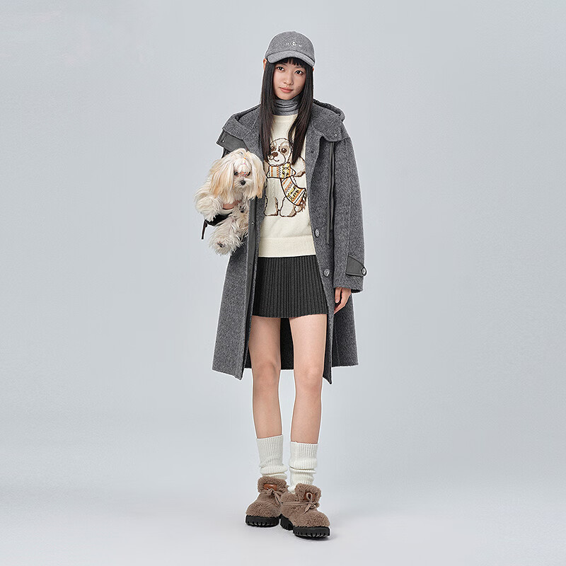 乐町【商场同款】乐町中长款羊毛呢大衣冬款耗牛绒连帽外套C2AAF4334 银烛灰（现货） M