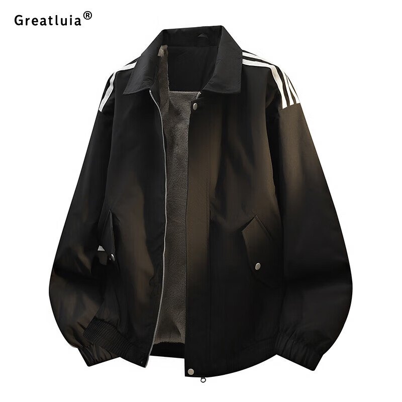 GREATLUIA秋冬季新款美式三条杠加绒翻领工装夹克宽松休闲简约百搭外套 黑色 XL