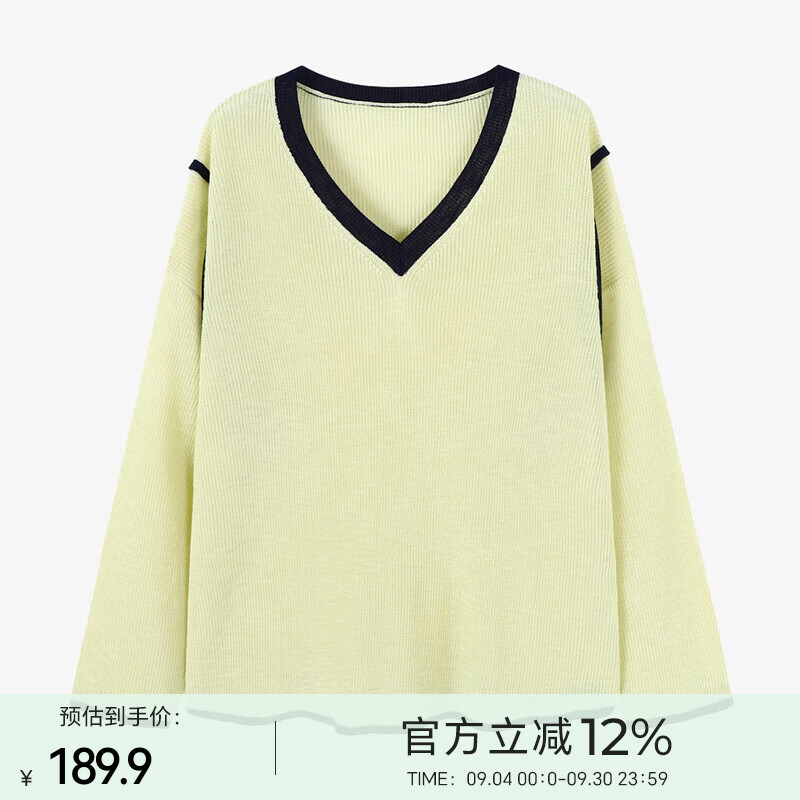 Basic House/百家好撞色休闲百搭早秋宽松显瘦拼接设计长袖针织衫 黄色 XL