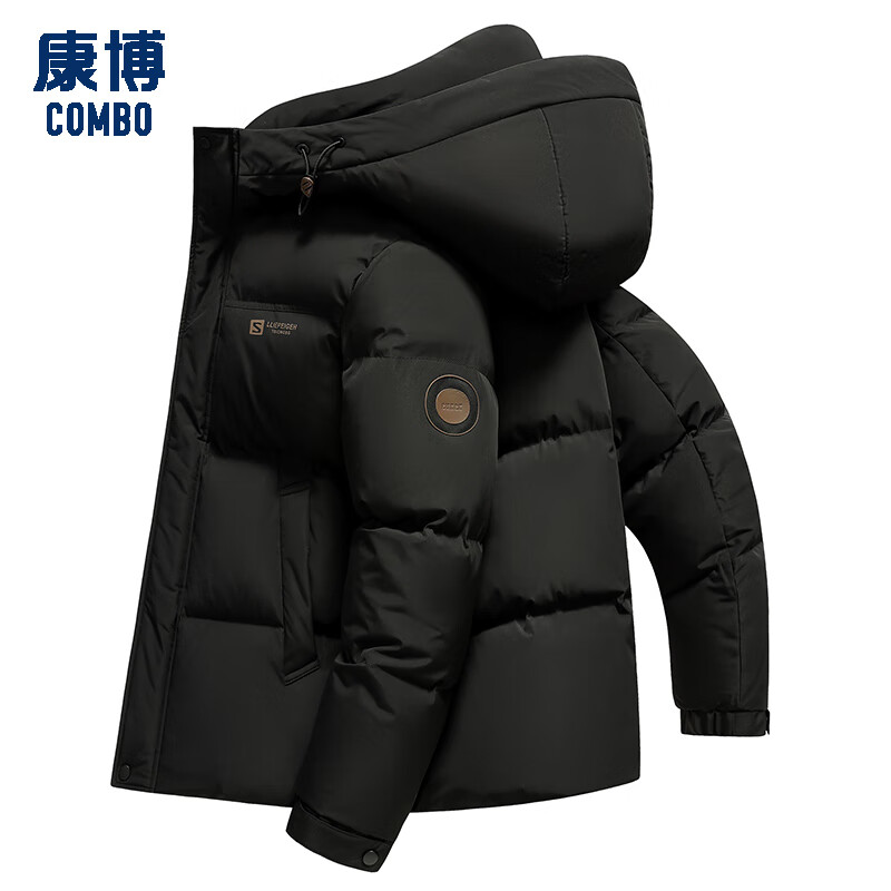康博冬季新款羽绒服男保暖防风休闲潮流纯色外套 黑色 M (170)