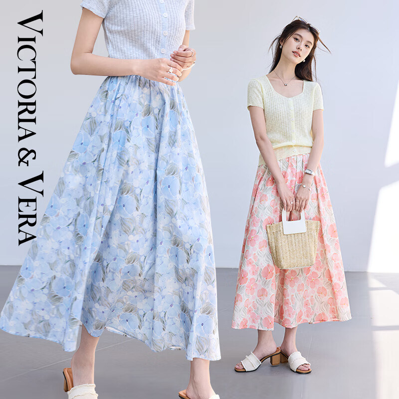 歐時力（OCHIRLY）夏季【梨形救星】莫奈睡蓮印花·遠山藍A字半身裙通勤度假兩穿 藍色 165/68A(L)