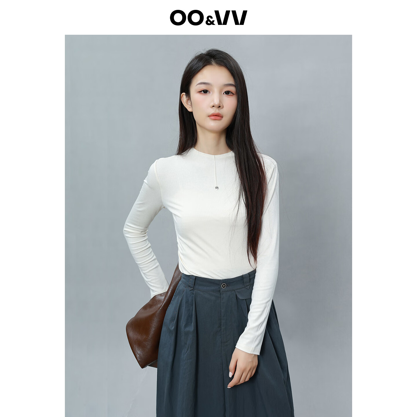 OO&VV时尚高级感纯色修身打底衫女2025秋冬新款内搭简约长袖T恤 米色 S