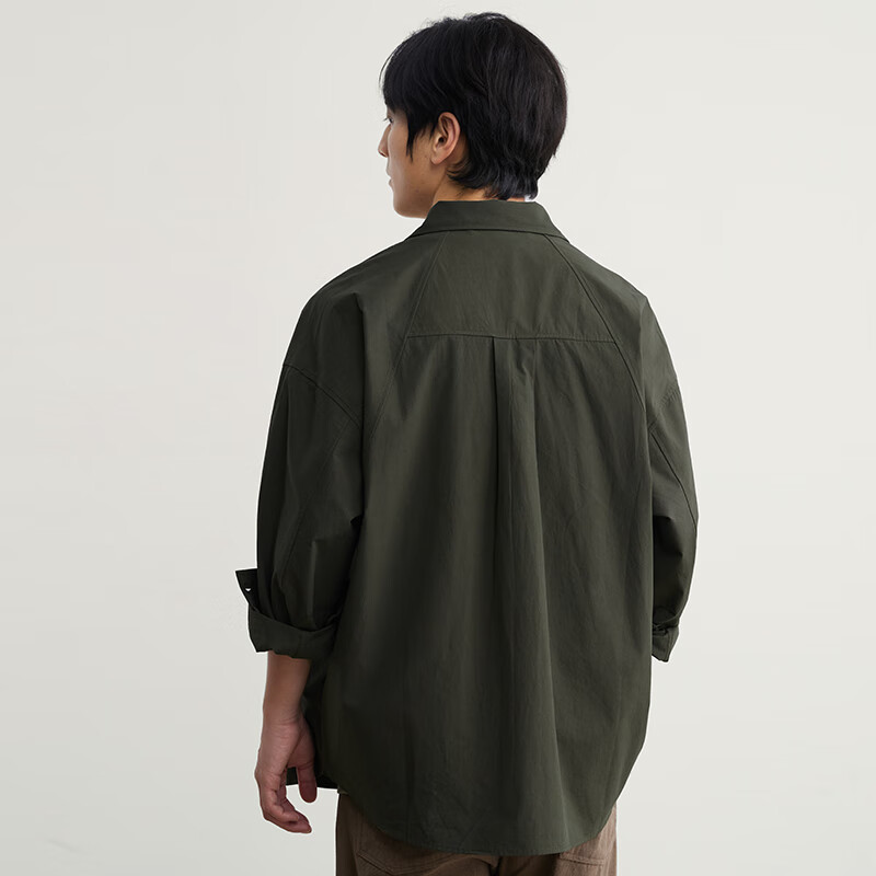 MARKLESS衬衫男100%棉尖领宽松纯色亲肤长袖衬衣5509 军绿色 M