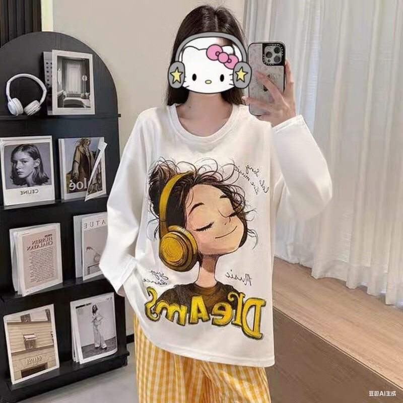 雅鹿睡衣女春秋长袖薄款带胸垫卡通家居服套装长袖长裤可爱学生云朵 H2231双长-花卉蝴蝶结女孩(黄) M 【70-85斤】