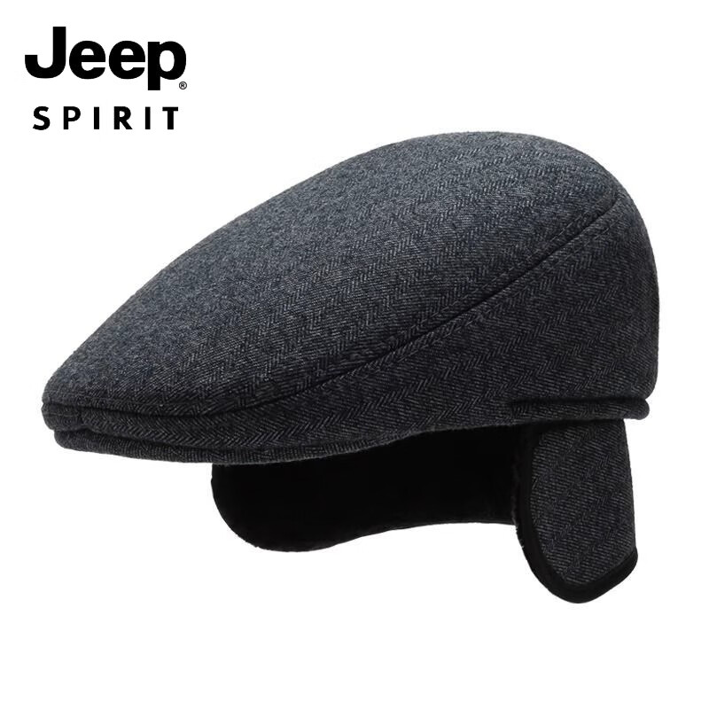 吉普（JEEP）中老年人前进帽帽子男士秋冬鸭舌帽爸爸护耳冬天老头帽加厚大头围 【深灰帽子+围巾】加厚加绒 S(57-58cm)较小头围