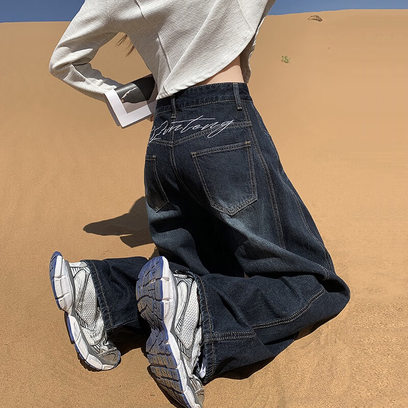 帅西欧美式复古直筒阔腿牛仔裤女2025秋季宽松高腰显瘦休闲长裤 蓝灰色 加长 2XL 【130斤-146斤】